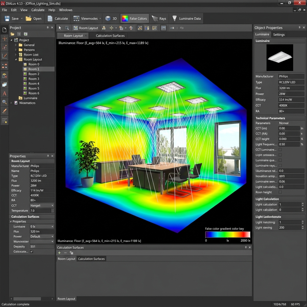 Captura de pantalla de la interfaz de simulación y cálculo fotométrico DIALux 4.13